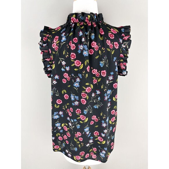 Kate Spade Wild Ones Meadow Ruffle Yoke Sleeveless Top Black Floral Large - Picture 2 of 3